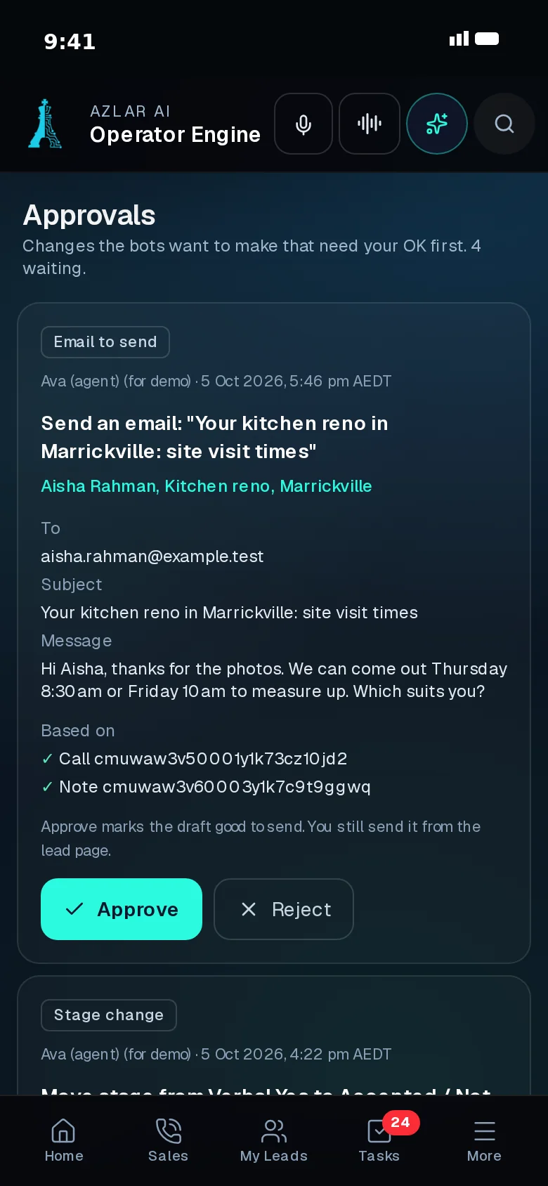 Approvals screen: an agent's drafted email with the call and note it is based on, and an Approve button (demo data)