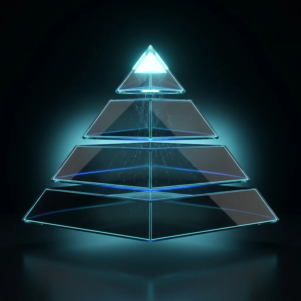 A glass pyramid in four tiers: custom CRM at the base, AI agents, your team, and you at the glowing top